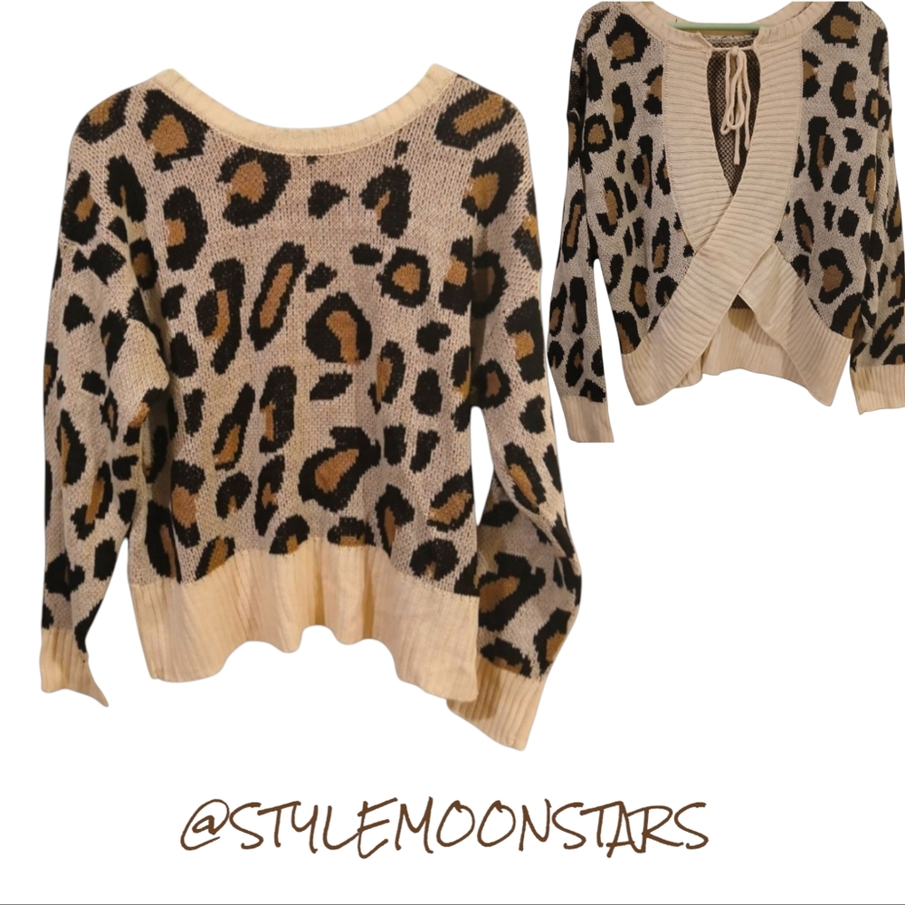 Shein Leopard Print Open Tie Vacj Back Sweater Cream and Brown